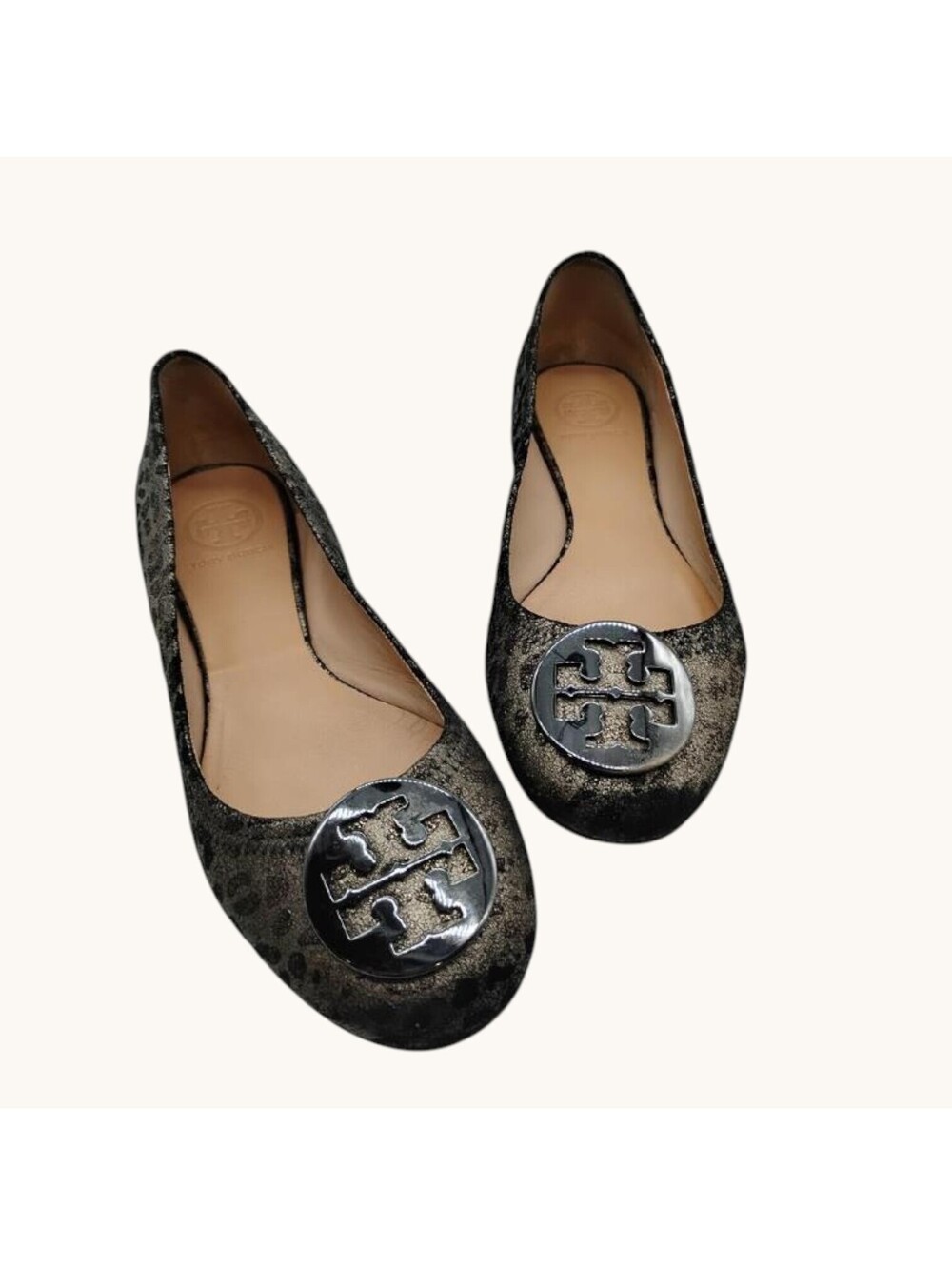 Tory Burch Ballet Flats Luisa Anthracite Print Metallic Logo Women's Size 8M